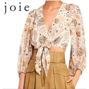 Joie Cream Sheer Lined Floral Tie Front Peasant Blouse Top Size M (B12)